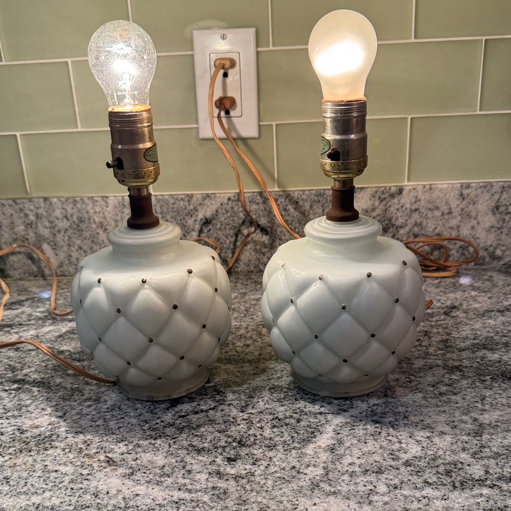 Vintage Quilted Boudoir Lamps - very pale blue-ish with brown dots (set of 2)